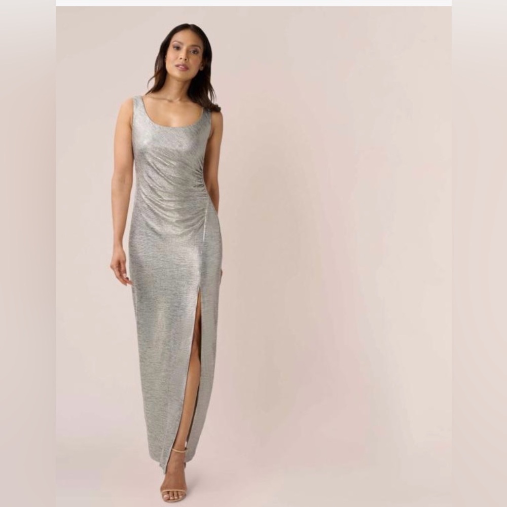 Adrianna Papell Silver Ruched Maxi Dress